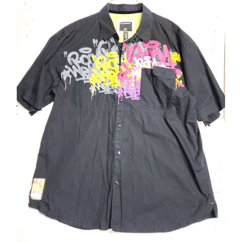 Rocawear Shirt Men Size 4X Black Graphics Polo Button Up Short Sleeve